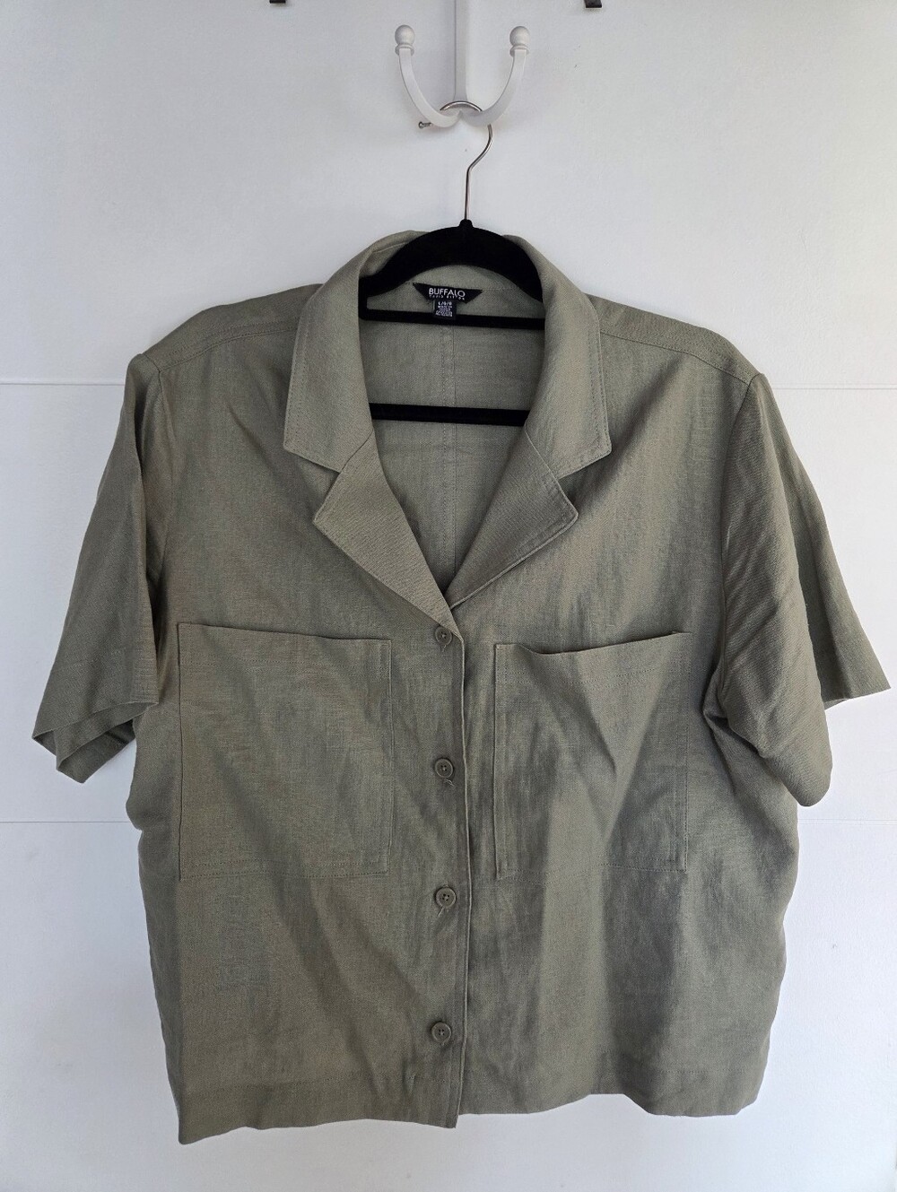 Buffalo David Bitton Olive Green Short-Sleeve Button-Down Linen Shirt